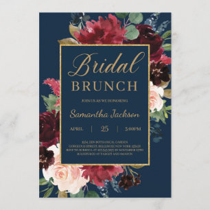 Boho navy blush burgundy floral bridal brunch invitation