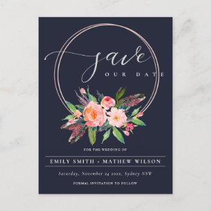 BOHO NAVY BLUSH WREATH FLORA COUNTRY SAVE THE DATE ANNOUNCEMENT POSTCARD
