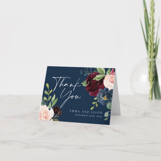 Boho Navy Burgundy Floral Wedding Thank You Card (Front)