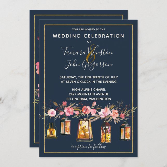 Boho Navy & Coral Floral String Lights Photo Invitation (Front/Back)