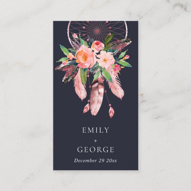 BOHO NAVY FLORA BLUSH DREAM CATCHER WEDDING DETAIL BUSINESS CARD (Front)