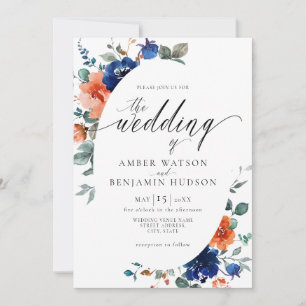 Boho Navy Floral Burnt Orange Elegant Wedding Invitation