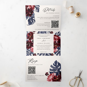 Boho Navy Maroon Monstera Floral 2 QR Code Wedding Tri-Fold Invitation