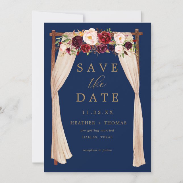 Boho Navy Marsala Flowers Arch Gold Floral Save The Date (Front)
