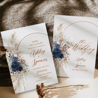 Boho Navy Pampas Wedding Invitation Card