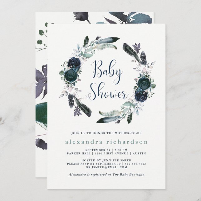 Boho Navy Peony Floral Wreath Baby Shower Invitation (Front/Back)