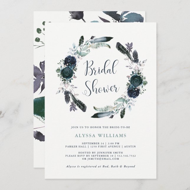 Boho Navy Peony Floral Wreath Bridal Shower Invitation (Front/Back)