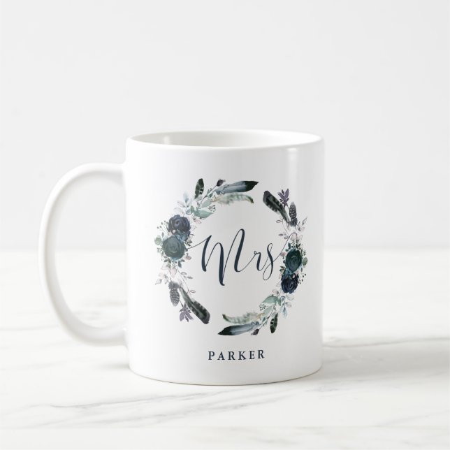 Boho Navy Peony Floral Wreath | Mrs Coffee Mug (Left)