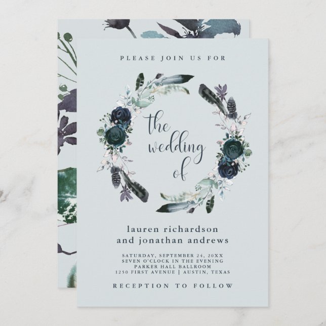Boho Navy Peony Floral Wreath on Grey | Wedding Invitation (Front/Back)