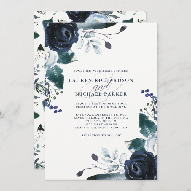 Boho Navy Peony on White | Wedding Invitation (Front/Back)