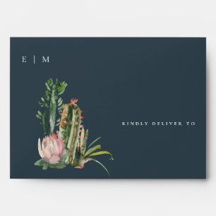 BOHO NAVY PINK FLORAL DESERT CACTI FOLIAGE ADDRESS ENVELOPE