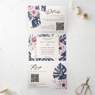 Boho Navy Pink Monstera Floral 2 QR Code Wedding Tri-Fold Invitation