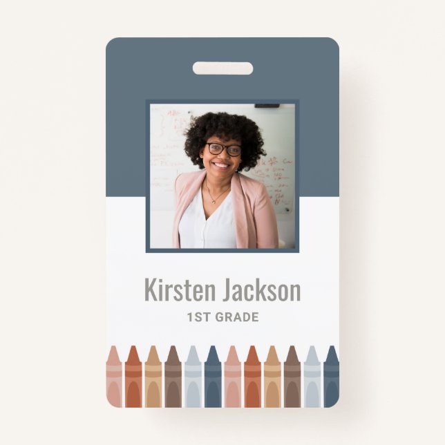 Boho Navy Teacher Name Tag Photo ID Badge (Front)