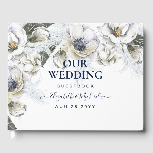 BOHO Navy White Floral Pampas Grass Wedding Guest Book (Front)