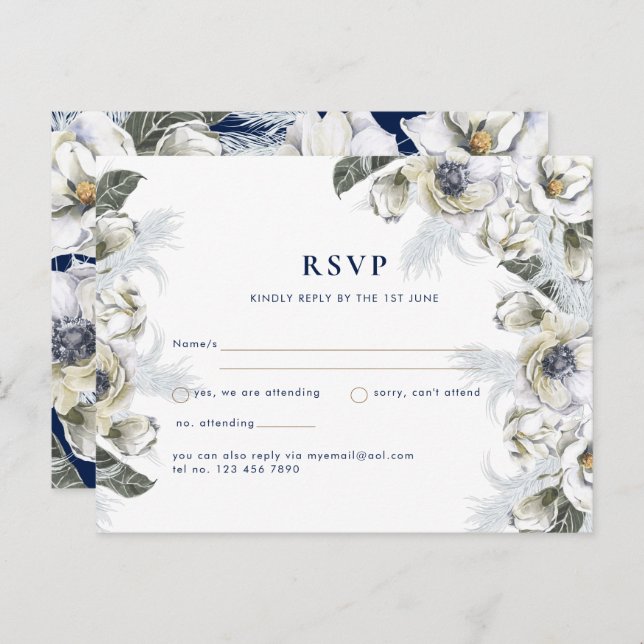 BOHO Navy White Floral Pampas Grass Wedding Postcard (Front/Back)