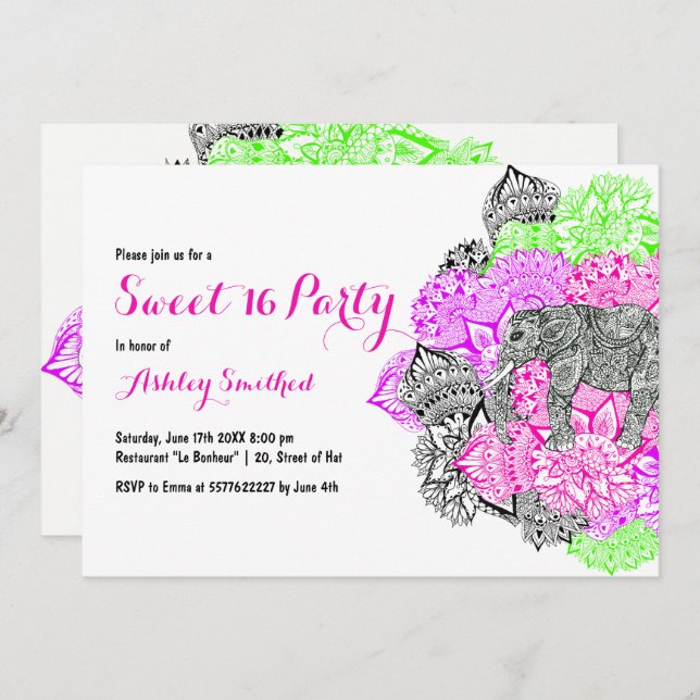 Boho neon pink floral mandala elephant Sweet 16 Invitation (Front/Back)