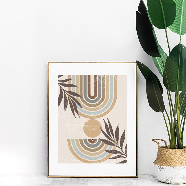 Boho Neutral Abstract Rainbows and Leaves Wall Art (Boho Neutral Abstract Rainbows and Leaves Wall Art in a neutral frame next to a large boho plant.)