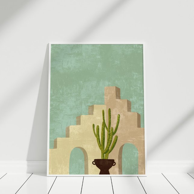 Boho Neutral and Teal Abstract Illustration Art Poster (Boho Neutral and Teal Abstract Illustration Art Poster in white frame against white wall.)
