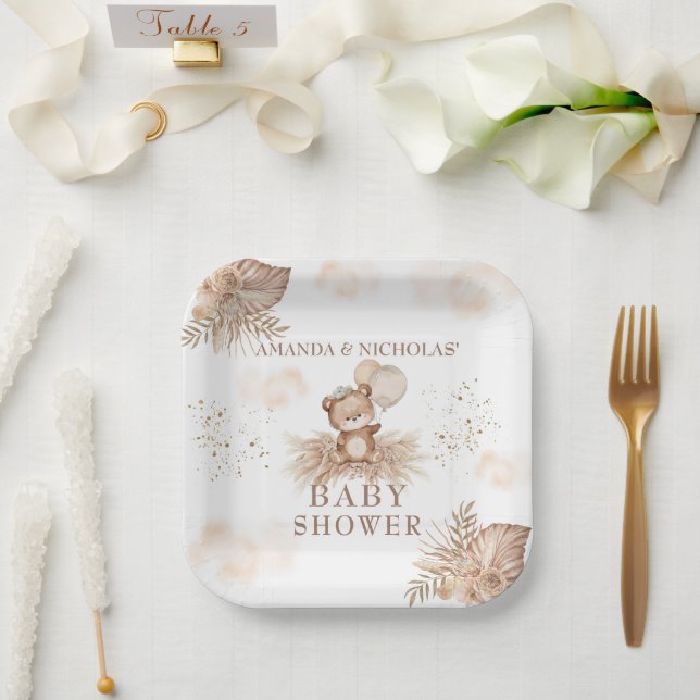 Boho Neutral Baby Shower Teddy bear Paper Plate (Wedding)