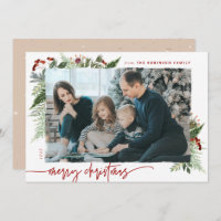 Boho Neutral Burgundy Red Merry Christmas Photo