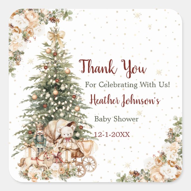 Boho Neutral Christmas Baby Shower Square Sticker (Front)