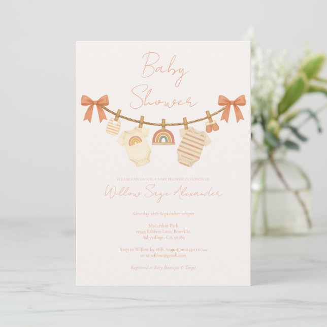 Boho Neutral Clothesline Baby Shower Invitation (Standing Front)
