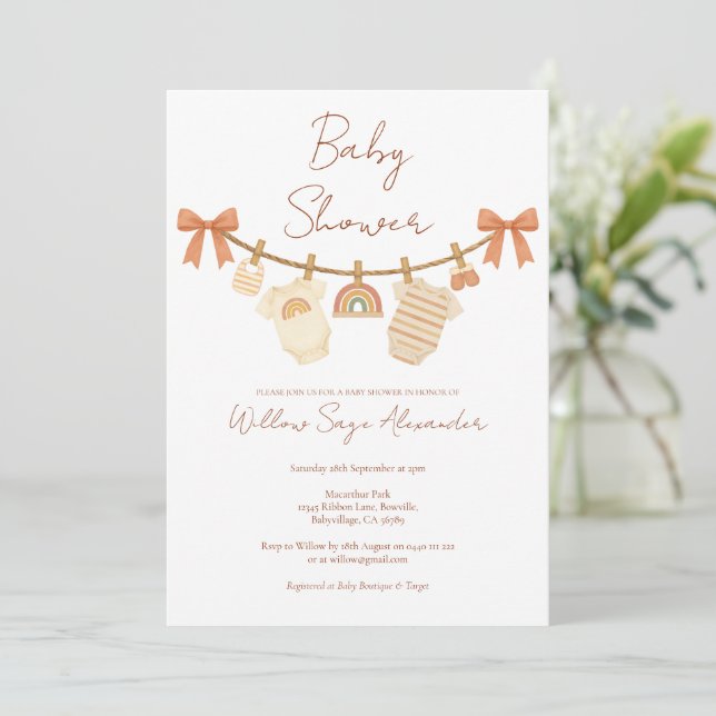 Boho Neutral Clothesline Baby Shower Invitation (Standing Front)