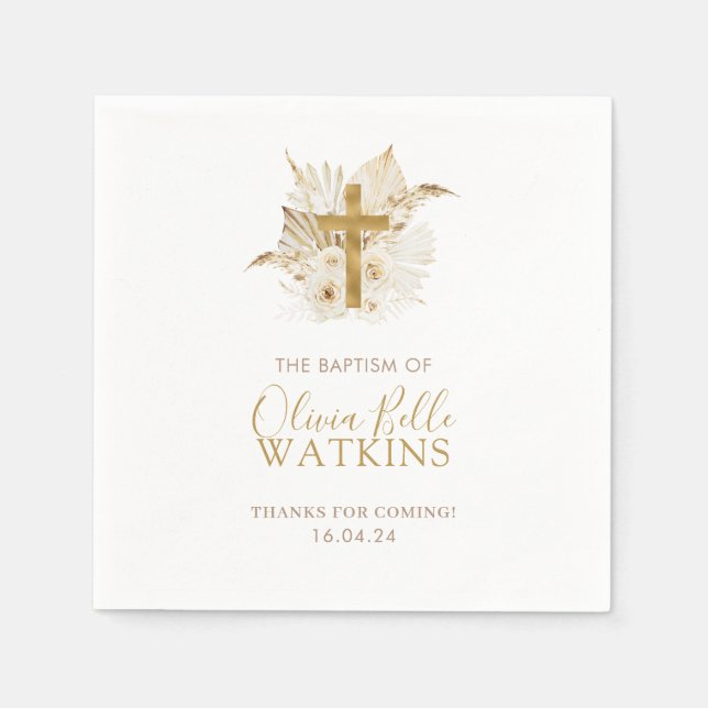 Boho Neutral Dried Palm Floral Baptism Christening Napkin (Front)