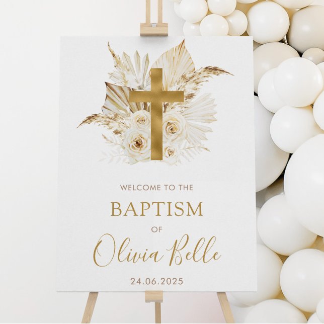 Boho Neutral Dried Palm Floral Baptism Welcome Poster (Boho Neutral Dried Floral Baptism Welcome Sign)