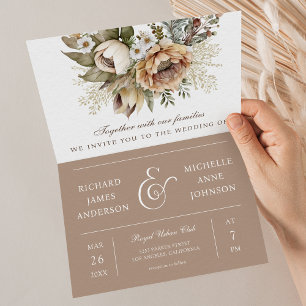 Boho Neutral Earthy Floral Taupe QR Code Wedding Invitation