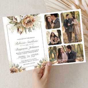 Boho Neutral Earthy Floral Taupe QR Code Wedding Invitation