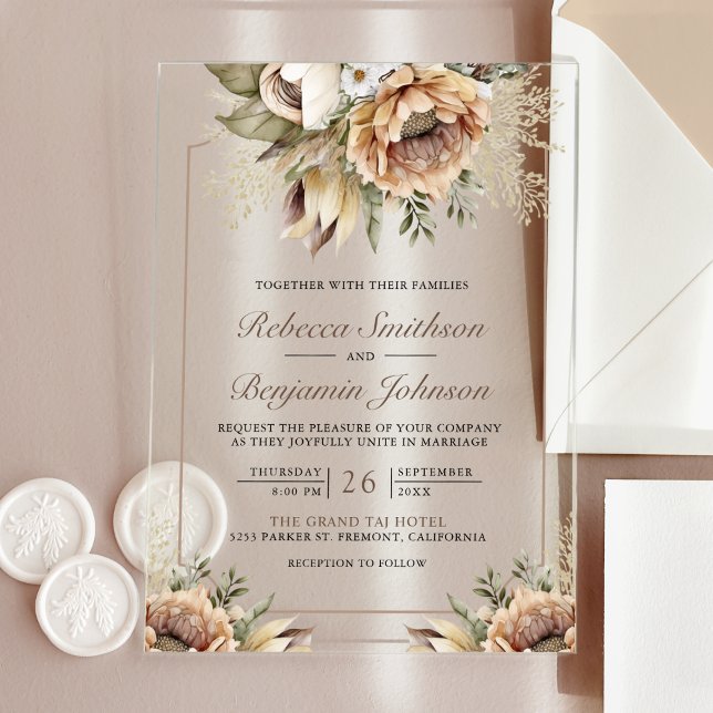 Boho Neutral Earthy Floral Taupe Wedding Acrylic Invitations (Creator Uploaded)