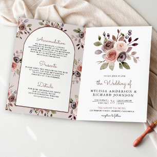 Boho Neutral Earthy Taupe Floral QR Code Wedding Invitation