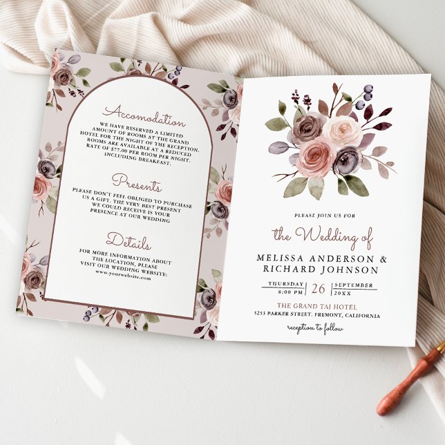 Boho Neutral Earthy Taupe Floral QR Code Wedding Invitation (Creator Uploaded)