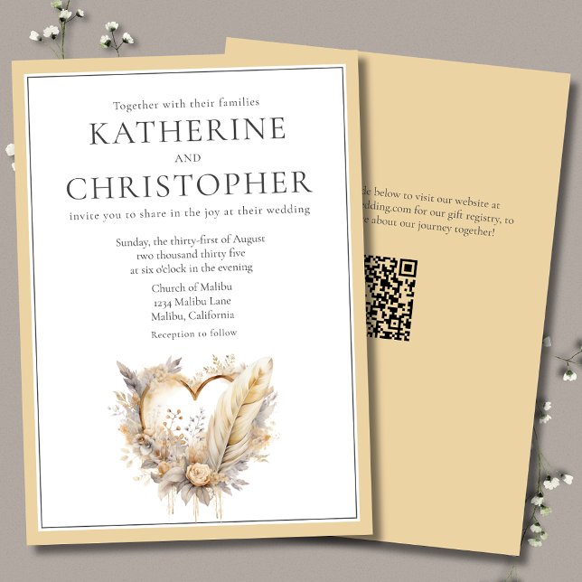 Boho Neutral Floral Feathers Heart Wreath Wedding Invitation (Boho Neutral Wedding Invitation with Heart Wreath, Feathers and Flowers, modern typography.)