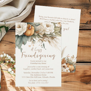 Boho Neutral Floral Pumpkins QR Code Friendsgiving Invitation