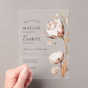 Boho Neutral Floral Wedding Acrylic Invitations