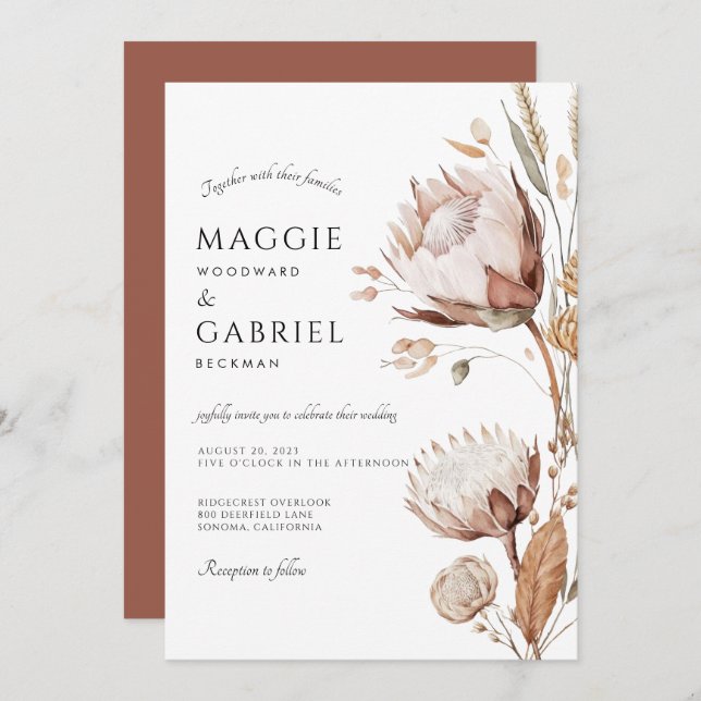 Boho Neutral Floral Wedding Invitation (Front/Back)