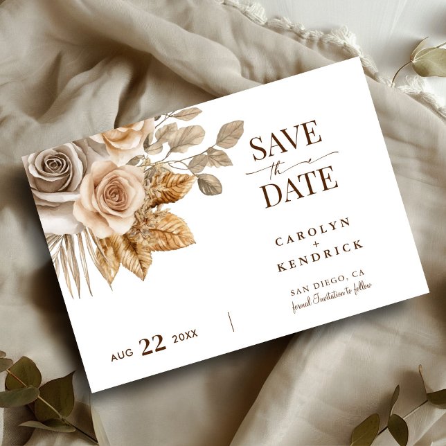 Boho Neutral Floral Wedding Save The Date Card (Creator Uploaded)