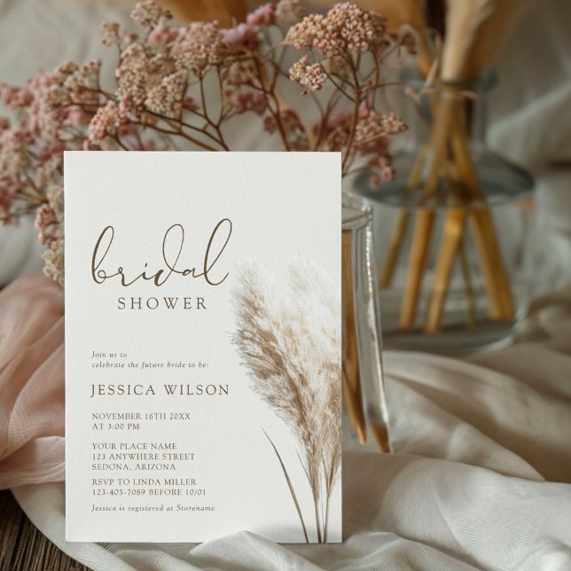 Boho Neutral Fluffy Pampas Grass Bridal Shower Invitation (Creator Uploaded)