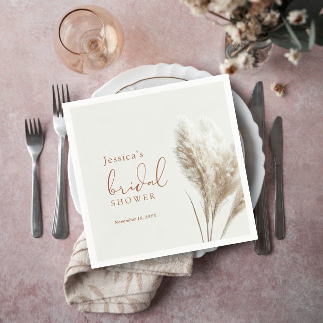 Boho Neutral Fluffy Pampas Grass Bridal Shower Napkin (Creator Uploaded)