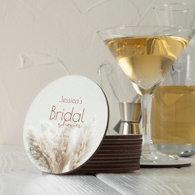 Boho Neutral Fluffy Pampas Grass Bridal Shower Round Paper Coaster (Creator Uploaded)