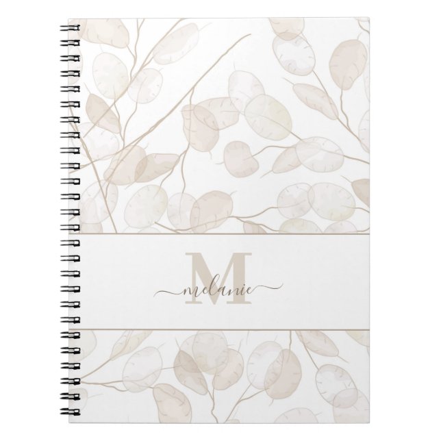 Boho Neutral Lunaria Custom Name Initial Notebook (Front)