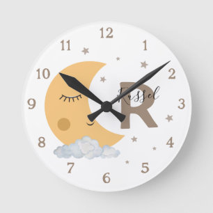 Boho Neutral Moon Nursery Clock with Name Brown
