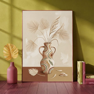 Boho Neutral Palm Leaves Patterned Vase Art Print