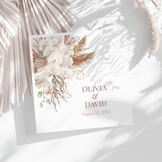 Boho Neutral Pampas Grass Wedding Napkins (Boho Neutral Pampas Grass Wedding Napkins on a sunny white table with white dry palm leaf.)