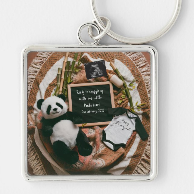Boho Neutral Panda Pregnancy Announcement gift Key Ring (Front)