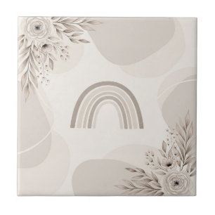Boho Neutral Rainbow Floral Beige Taupe Ceramic Tile