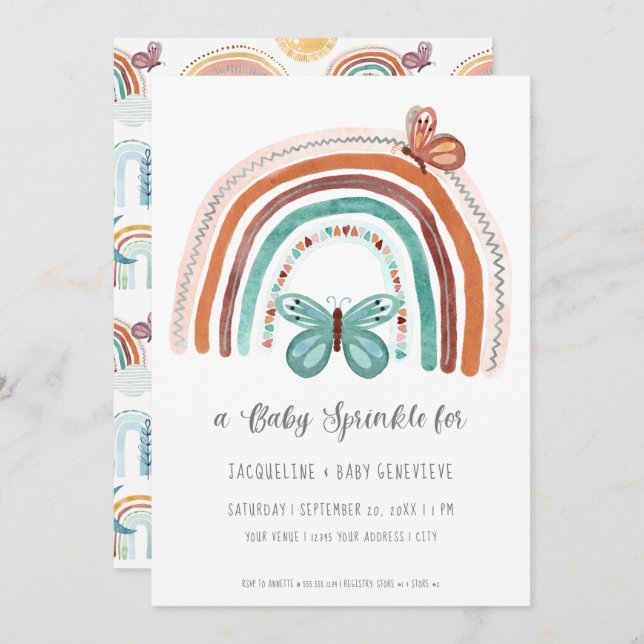 Boho Neutral Rainbow Terracotta Teal Sun Butterfly Invitation (Front/Back)