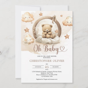 Boho neutral rusty brown sleeping teddy bear invitation